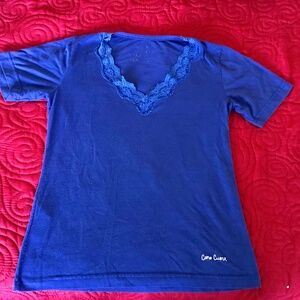 CARO CUORE Lace Trim Pajama Top Short Sleeve in Blue